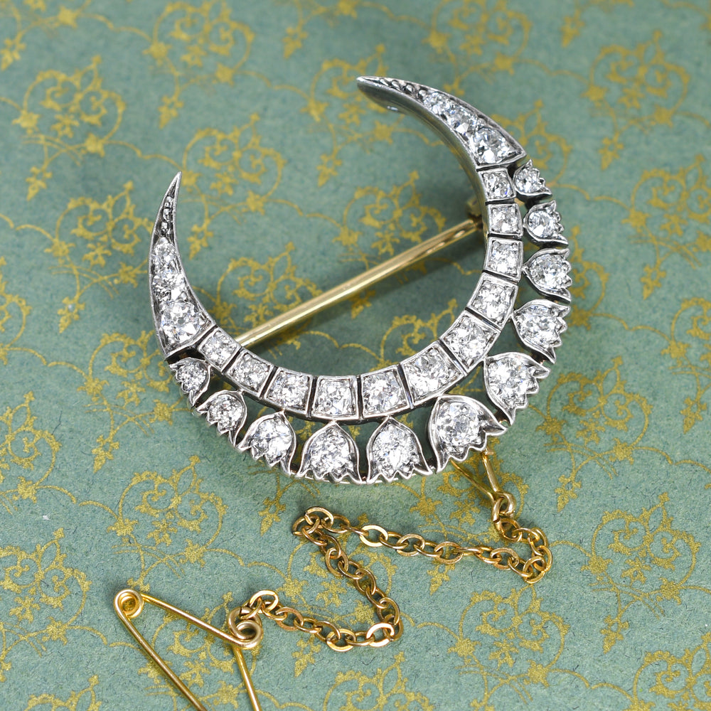 Edwardian Boxed Diamond Open Work Crescent Brooch