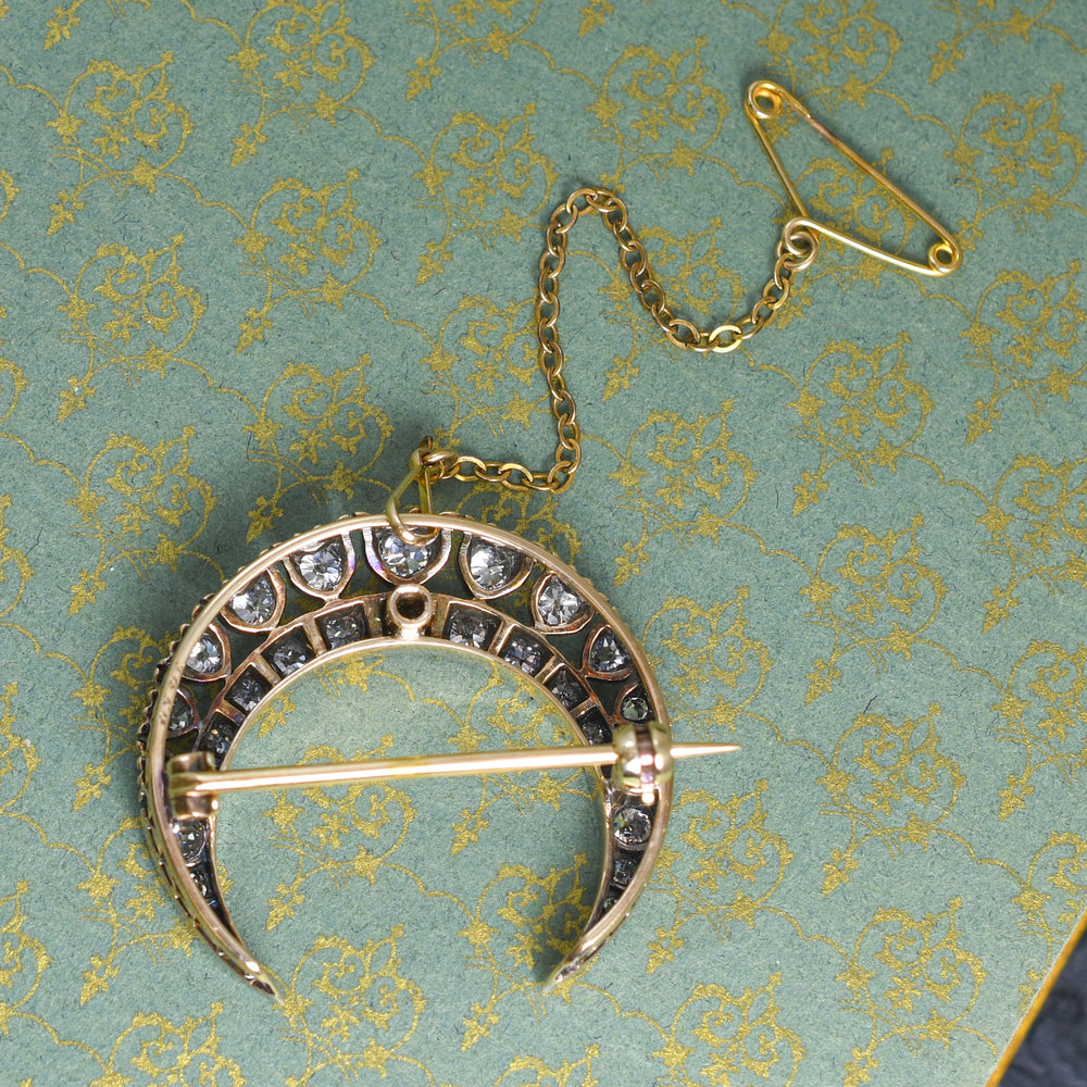 Edwardian Boxed Diamond Open Work Crescent Brooch