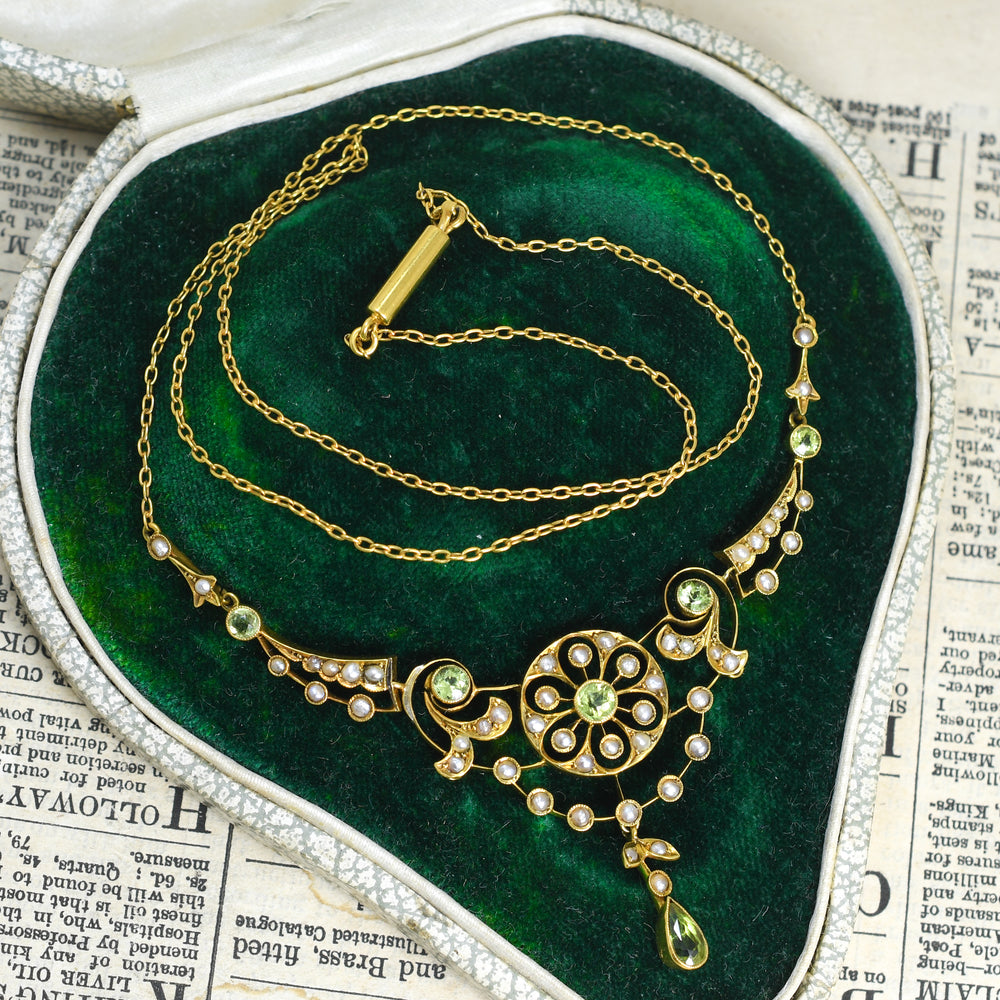 Edwardian Peridot & Pearl Floral Necklace