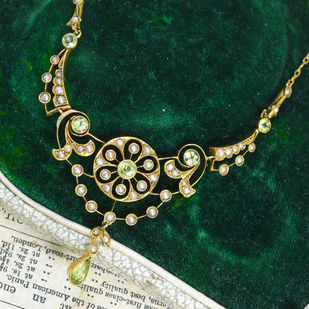 Edwardian Peridot & Pearl Floral Necklace