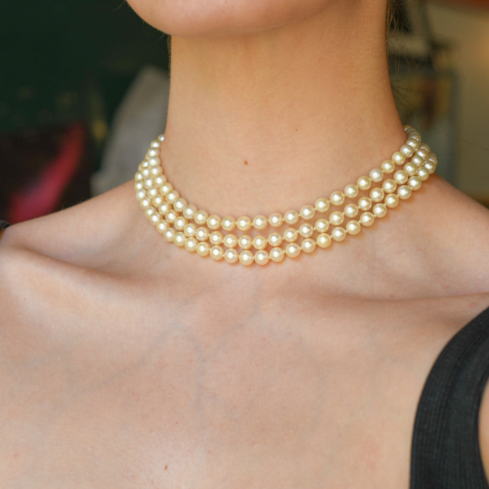 1950's Lotus Cultured Pearl Three-Strand Necklace