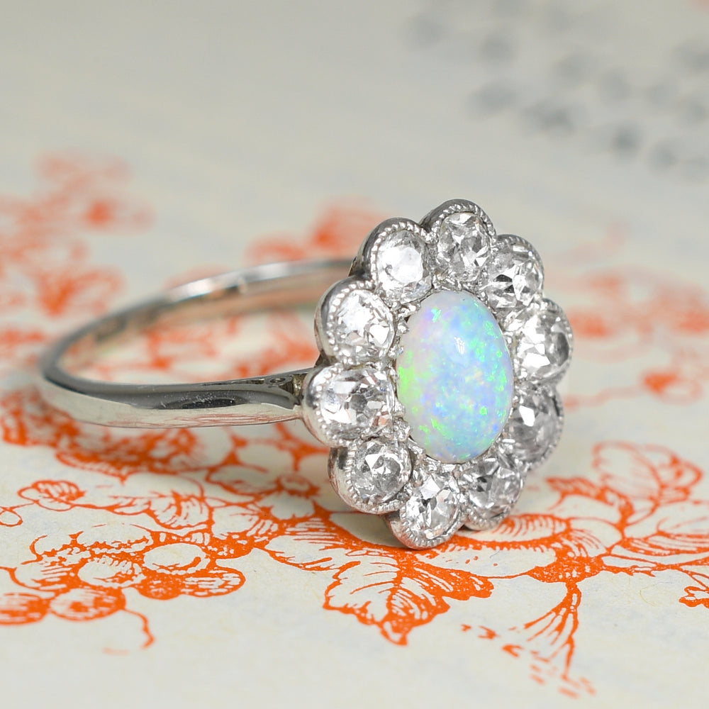 Art Deco Opal & Diamond Flower Cluster Ring