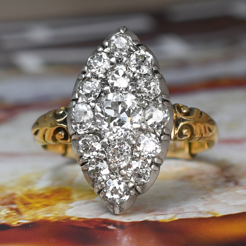 Georgian Diamond Cobblestone Navette Cluster Ring
