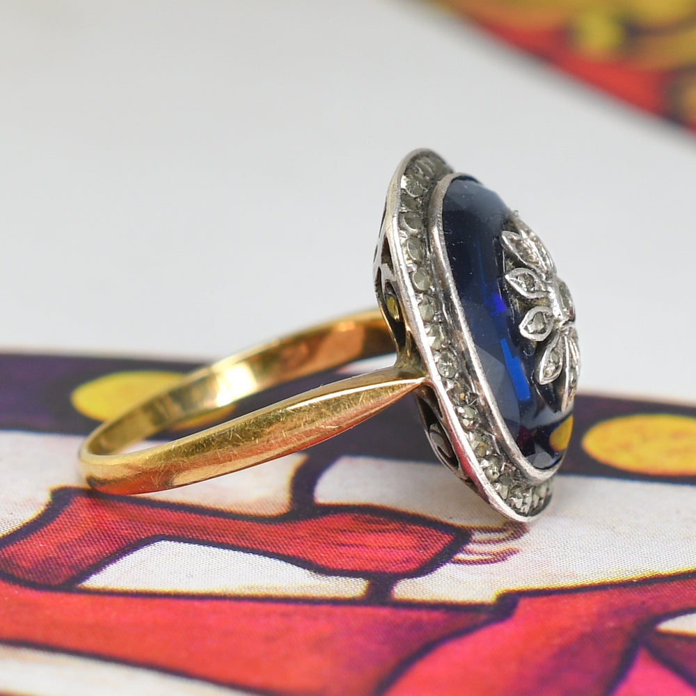 Victorian Marcasite & Blue Glass Flower Cluster Ring