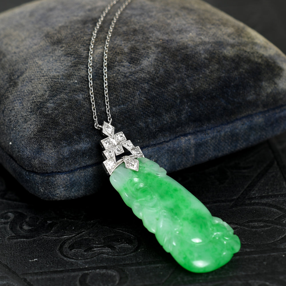 Art Deco Diamond & Jade Panel Platinum Necklace