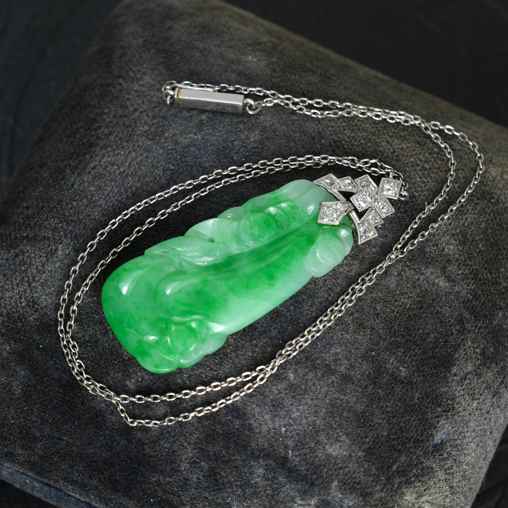 Art Deco Diamond & Jade Panel Platinum Necklace