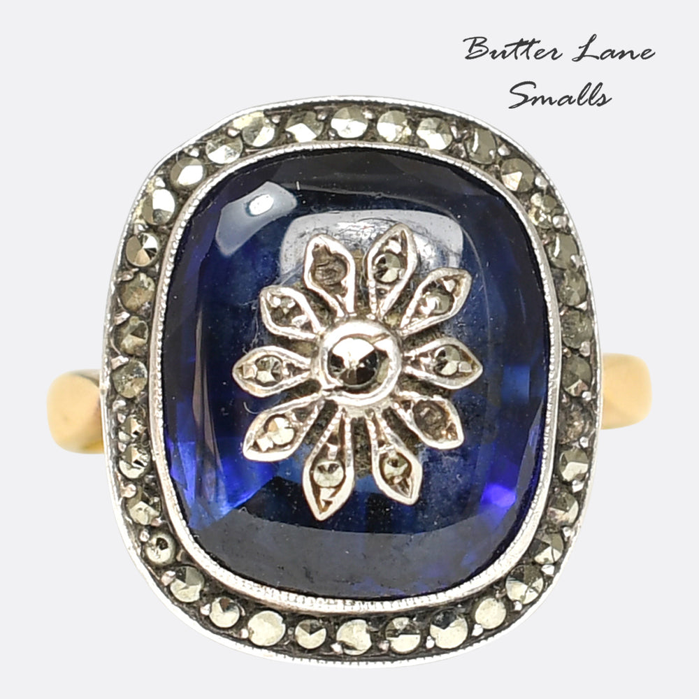 Victorian Marcasite & Blue Glass Flower Cluster Ring