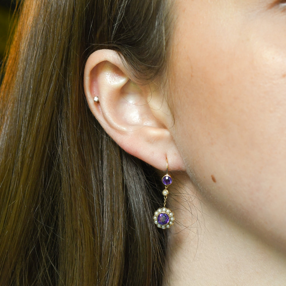 Edwardian Amethyst & Pearl Cluster Drop Earrings