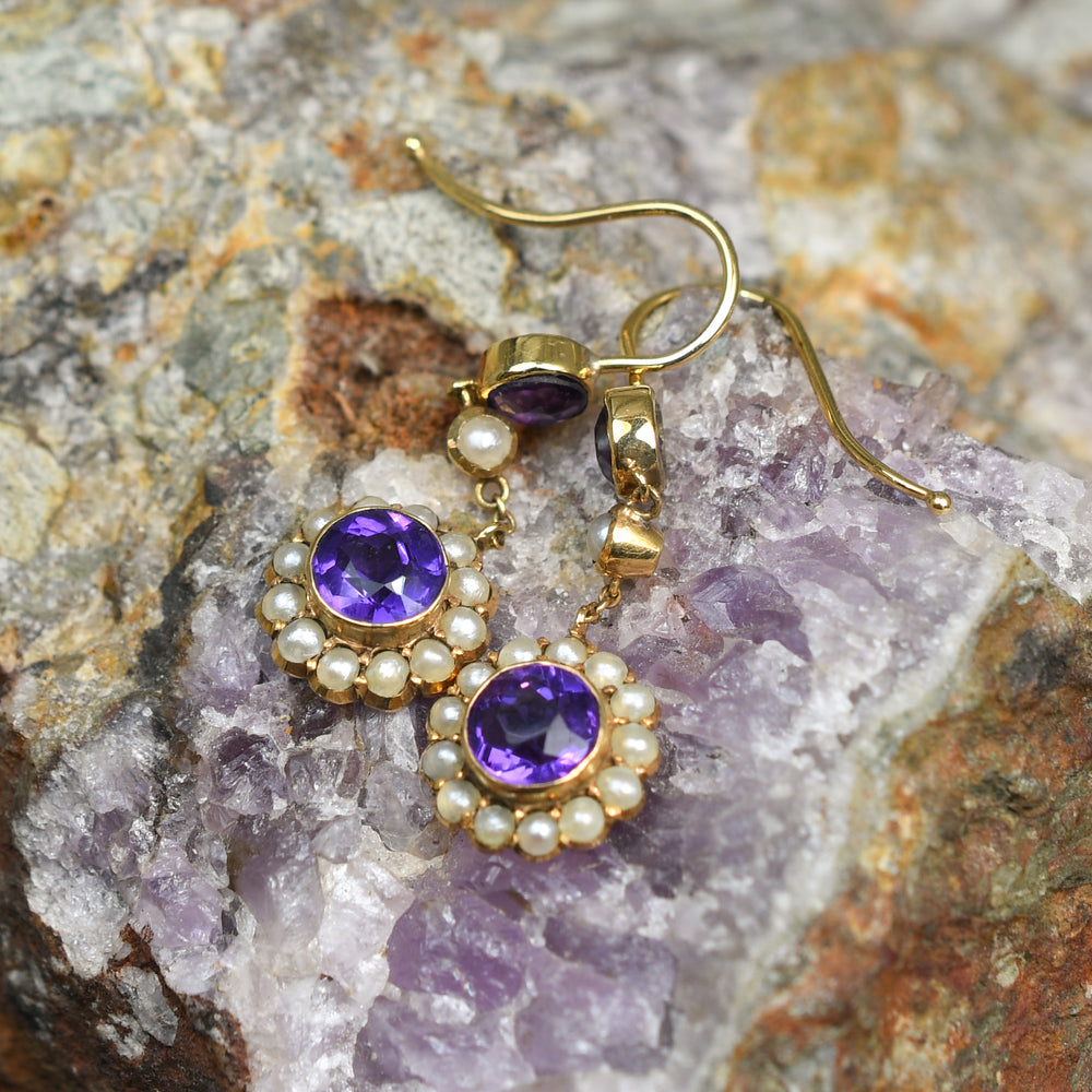 Edwardian Amethyst & Pearl Cluster Drop Earrings