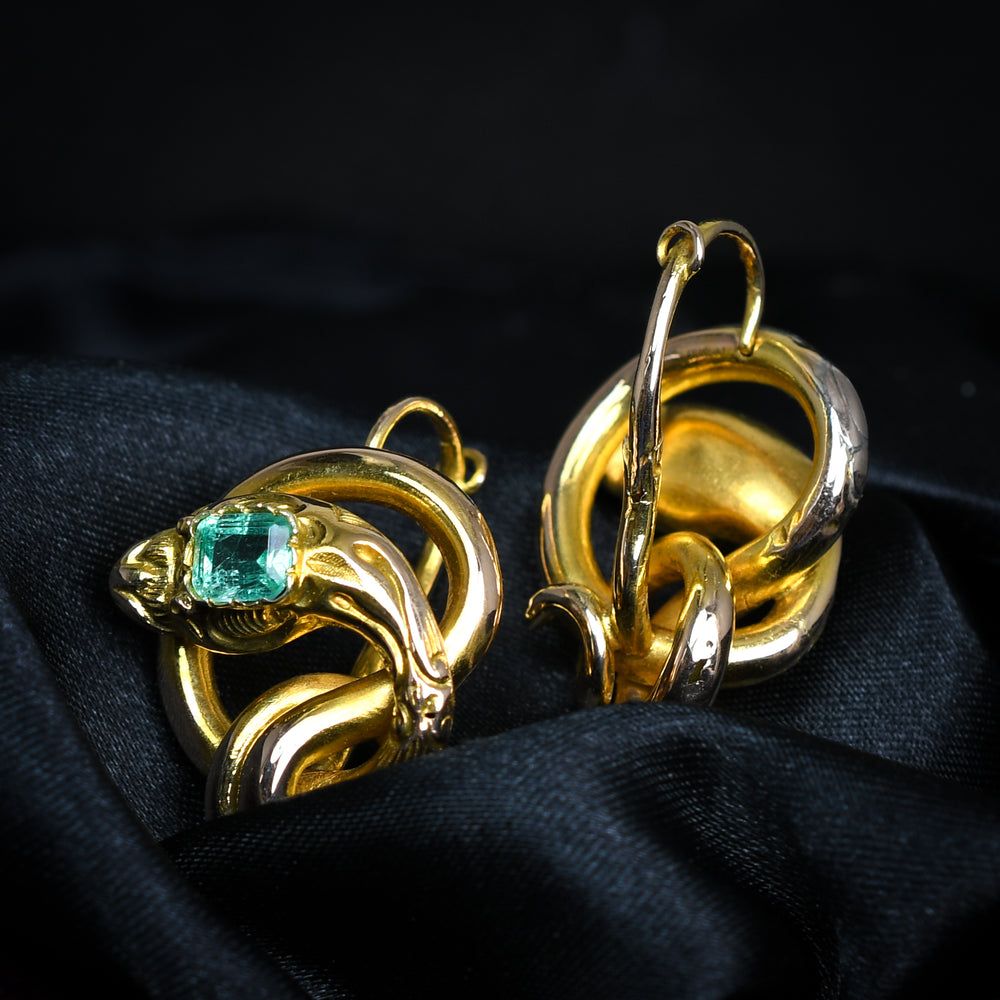 Antique French Emerald Coiled Snake Earrings