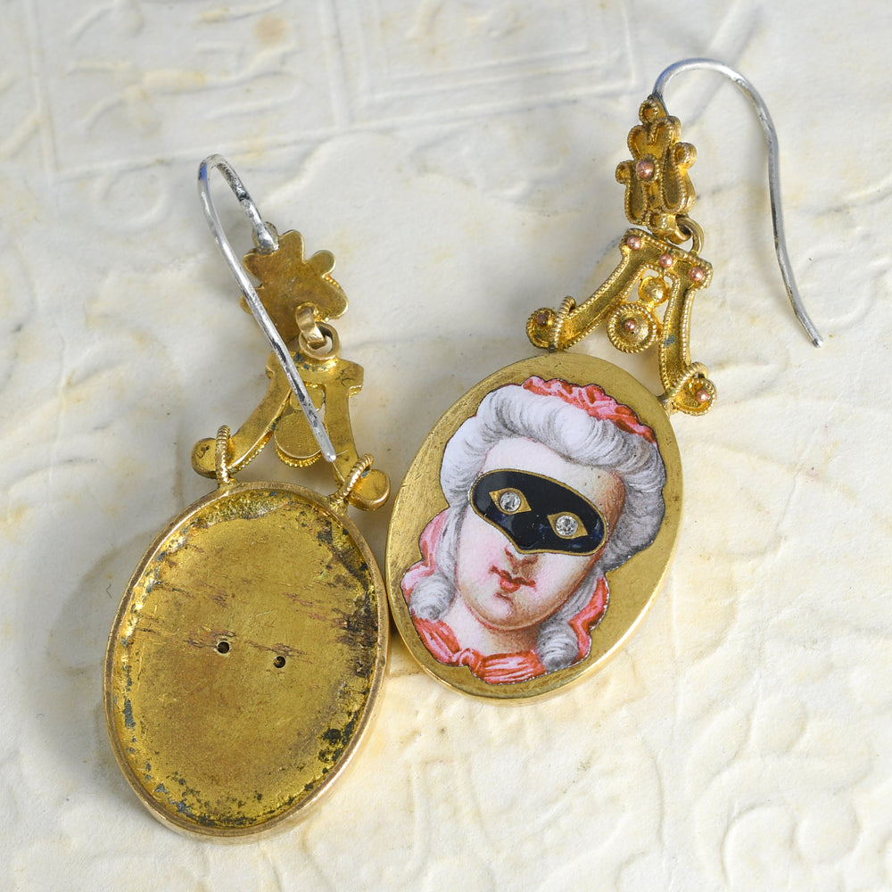 19th Century Enamel & Paste Masquerade Locket & Earrings Suite