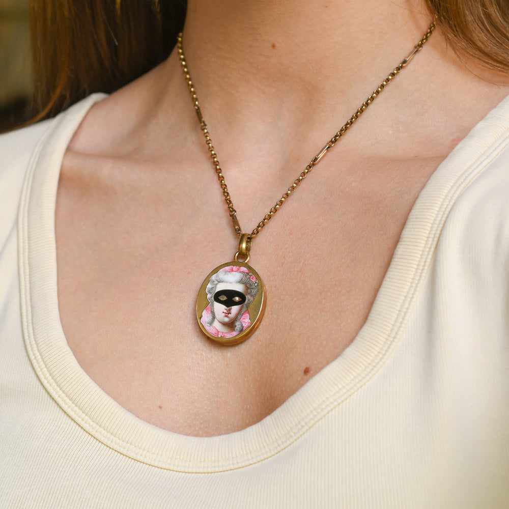 19th Century Enamel & Paste Masquerade Locket & Earrings Suite