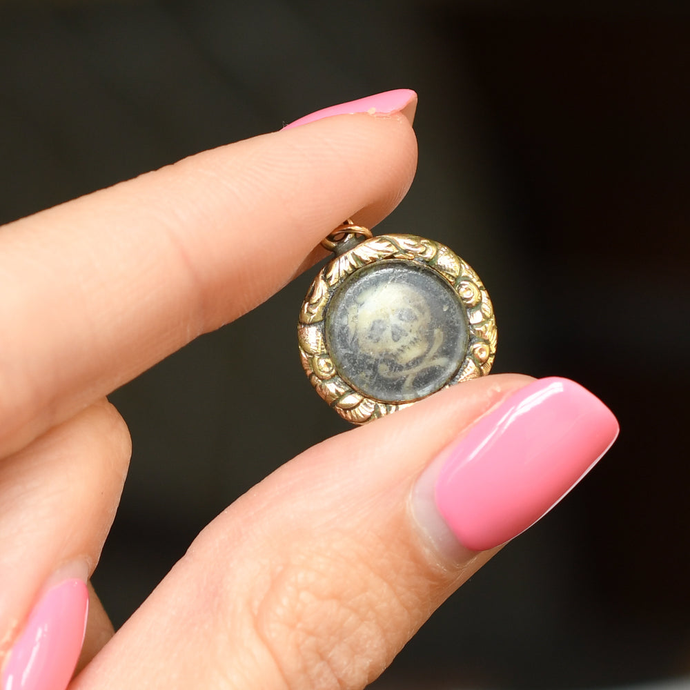 Georgian Enamel Memento Mori Skull Locket Charm