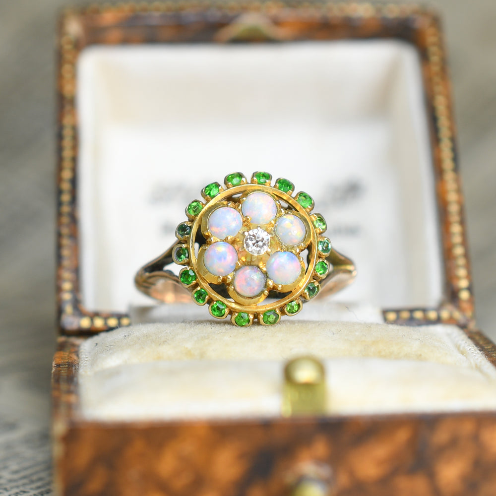Victorian Opal, Diamond & Demantoid Garnet Cluster Ring