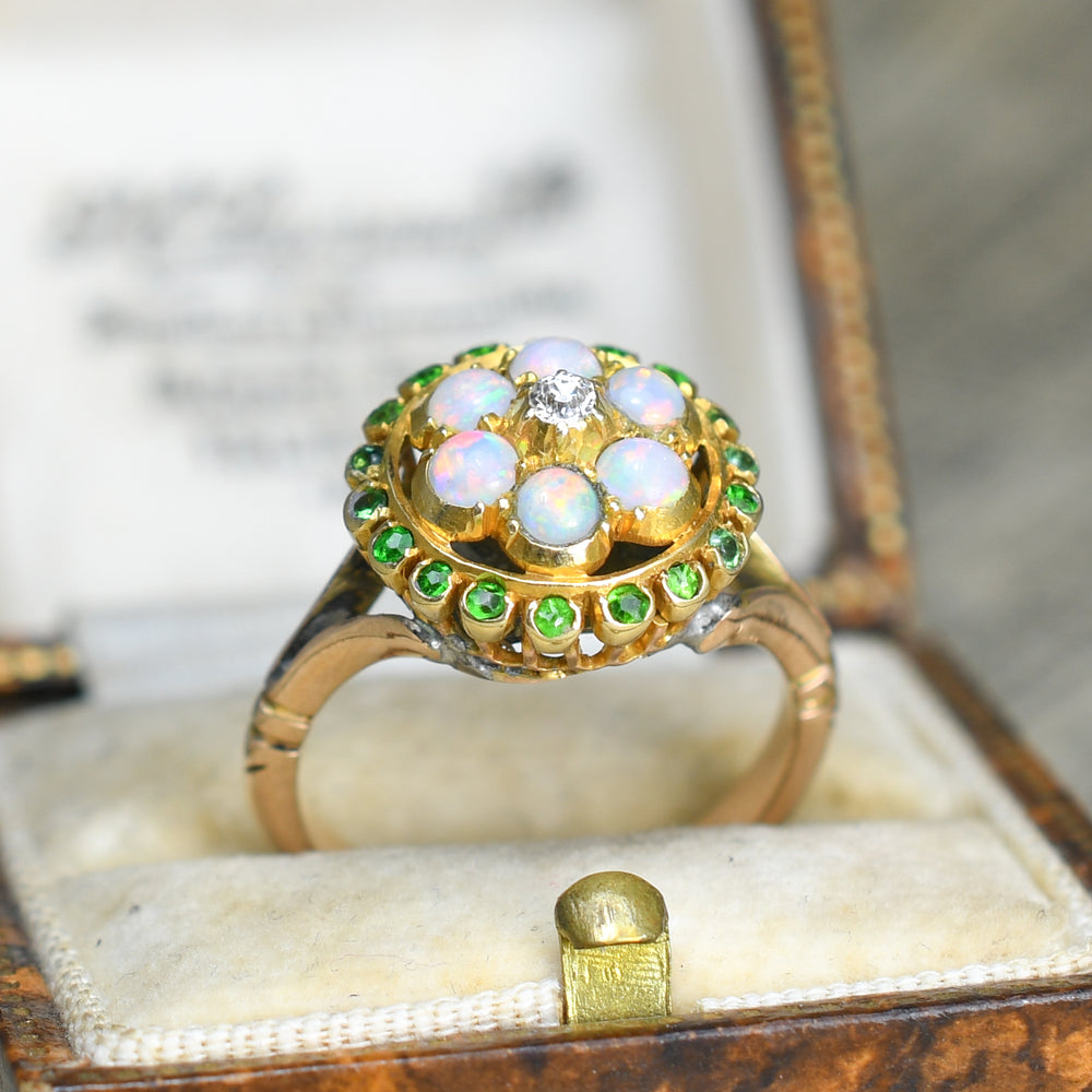Victorian Opal, Diamond & Demantoid Garnet Cluster Ring