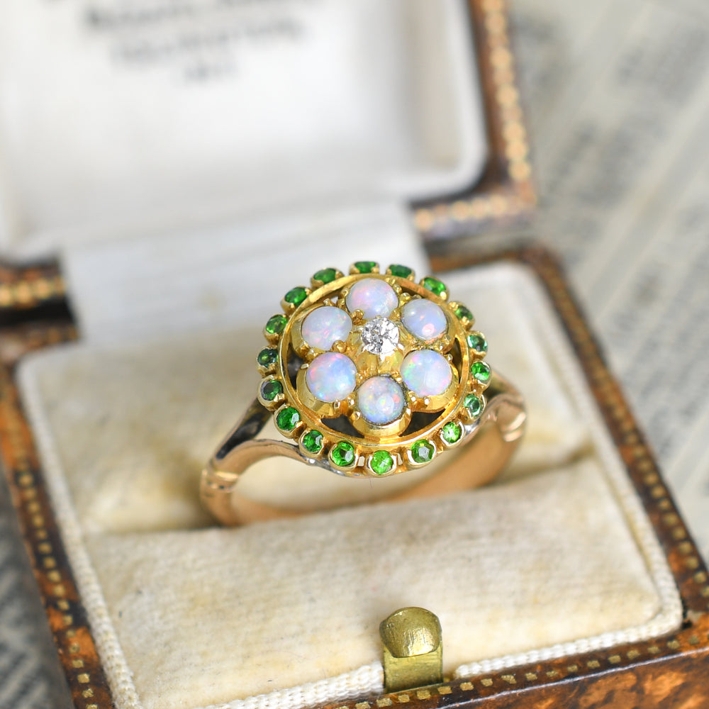 Victorian Opal, Diamond & Demantoid Garnet Cluster Ring