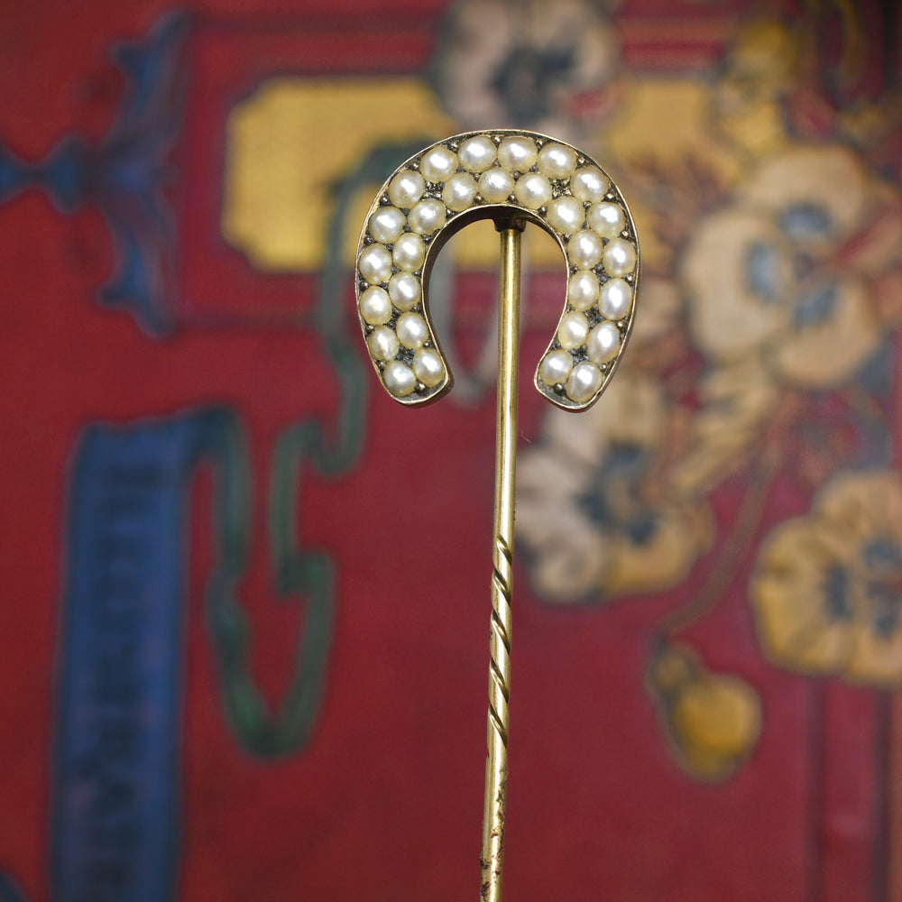 Victorian Boxed Pearl Lucky Horseshoe Stick Pin