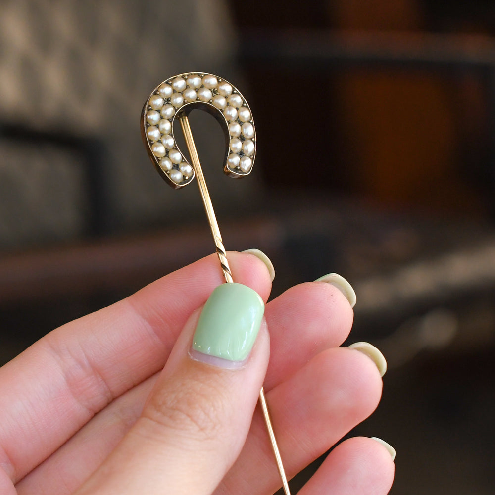 Victorian Boxed Pearl Lucky Horseshoe Stick Pin