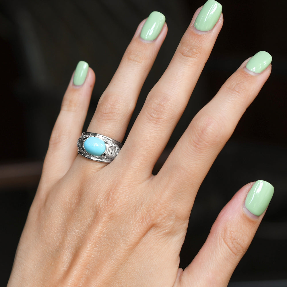 French Art Deco Turquoise & Diamond Bombé Ring