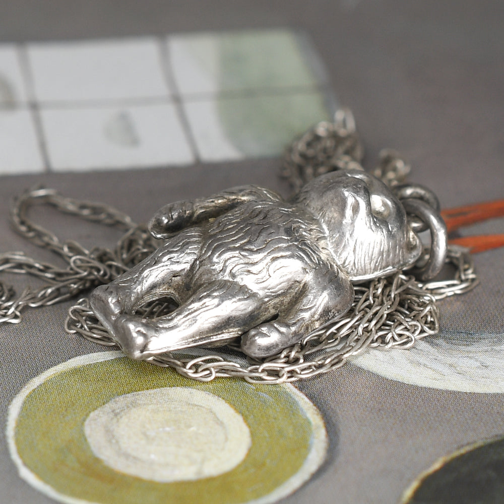 Late Victorian Silver Teddy Bar Pendant & Chain