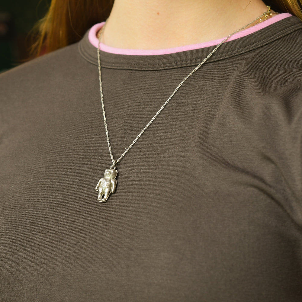 Late Victorian Silver Teddy Bar Pendant & Chain