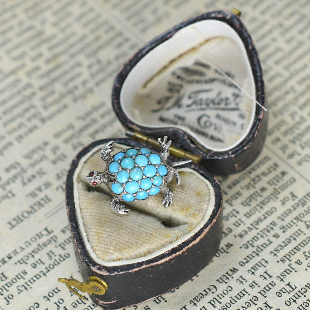 1920's Turquoise & Garnet Mini Turtle Brooch