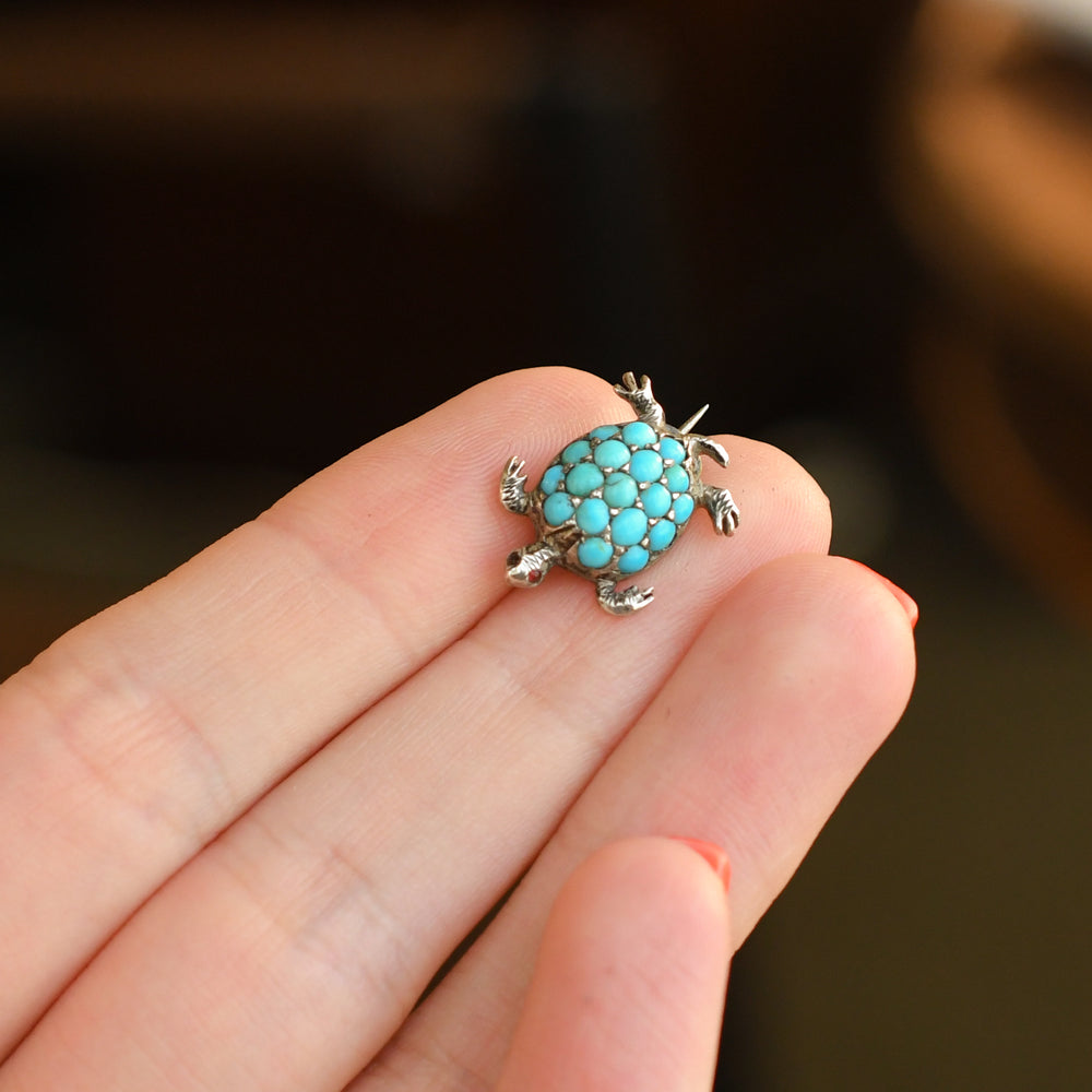 1920's Turquoise & Garnet Mini Turtle Brooch