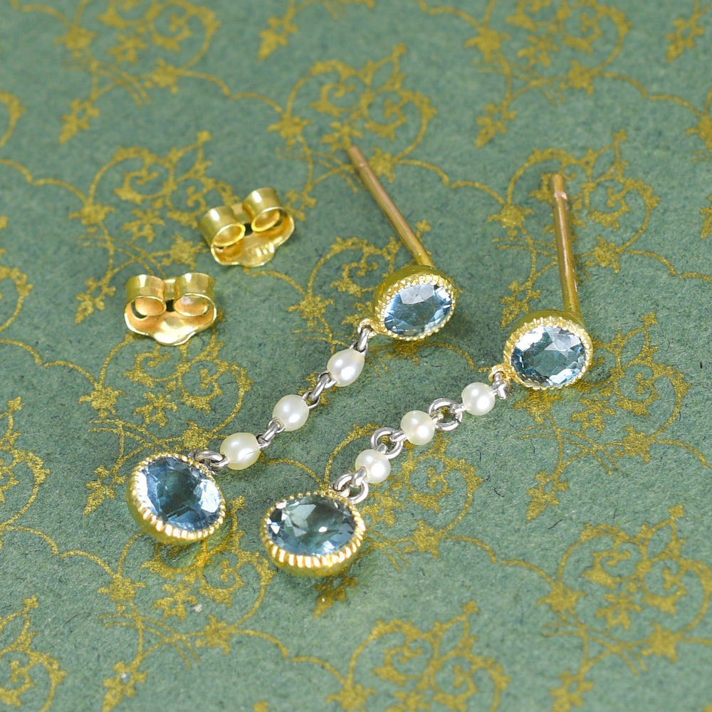Edwardian Aquamarine & Pearl Drop Earrings