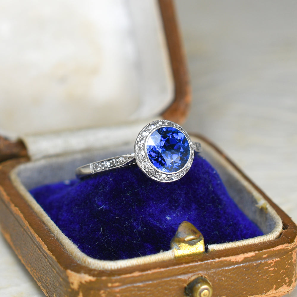 French Antique Sapphire & Diamond Platinum Cluster Ring