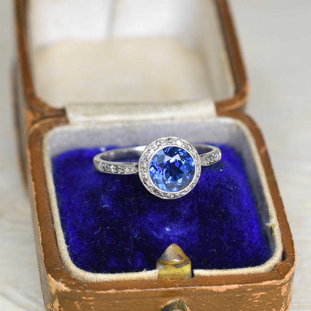French Antique Sapphire & Diamond Platinum Cluster Ring