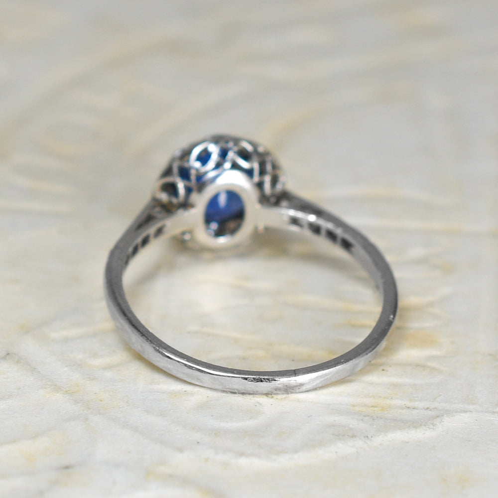 French Antique Sapphire & Diamond Platinum Cluster Ring