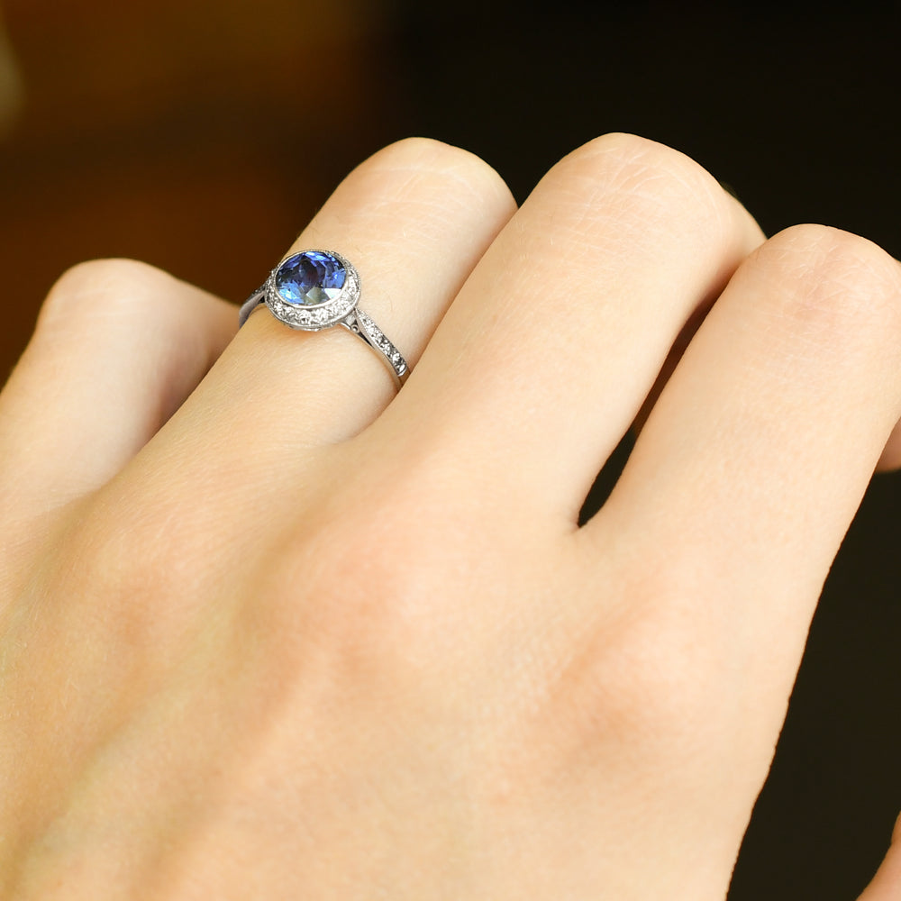 French Antique Sapphire & Diamond Platinum Cluster Ring
