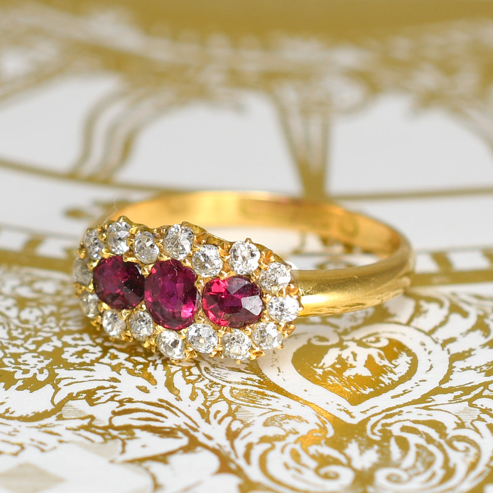 Late Victorian 3-Stone Ruby & Diamond Cluster Ring