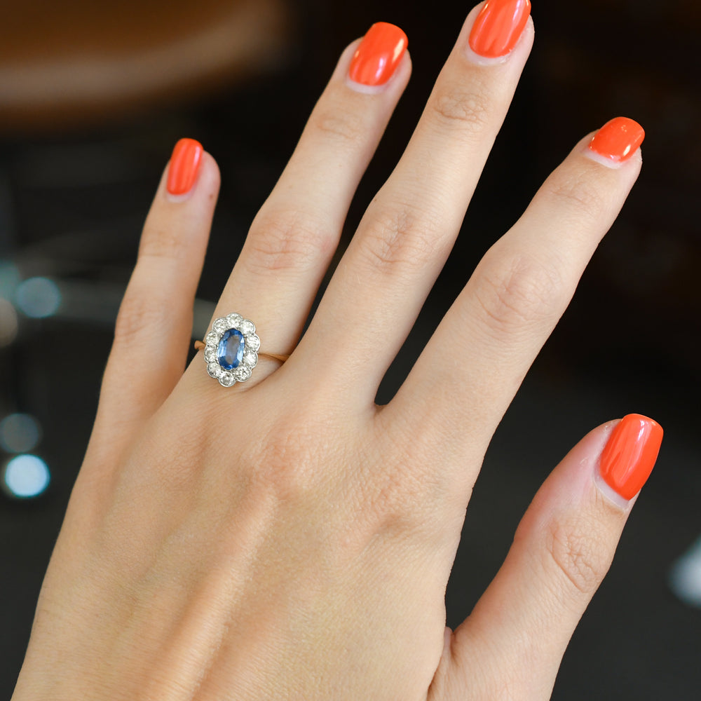 Edwardian Ceylon Sapphire & Diamond Daisy Cluster Ring