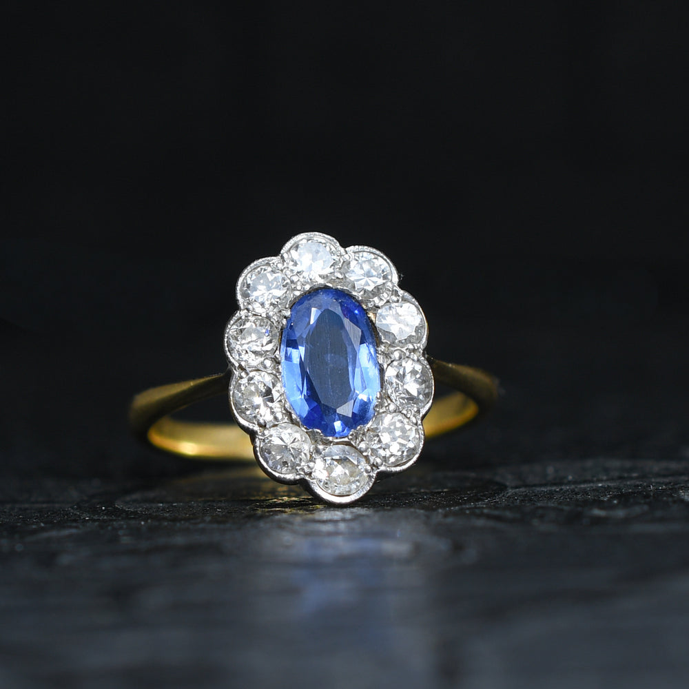 Edwardian Ceylon Sapphire & Diamond Daisy Cluster Ring