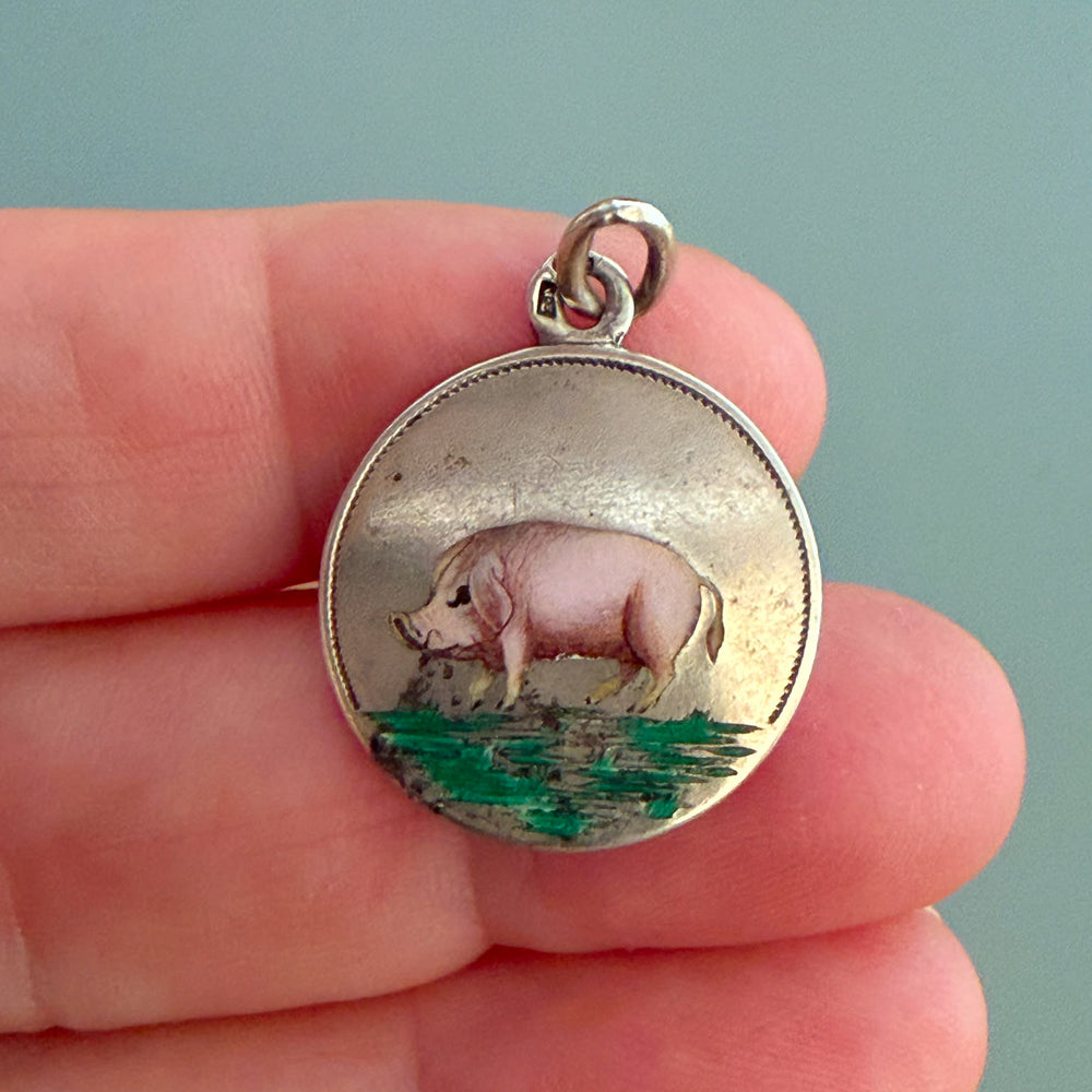 Antique French Enamel Lucky Pig Charm