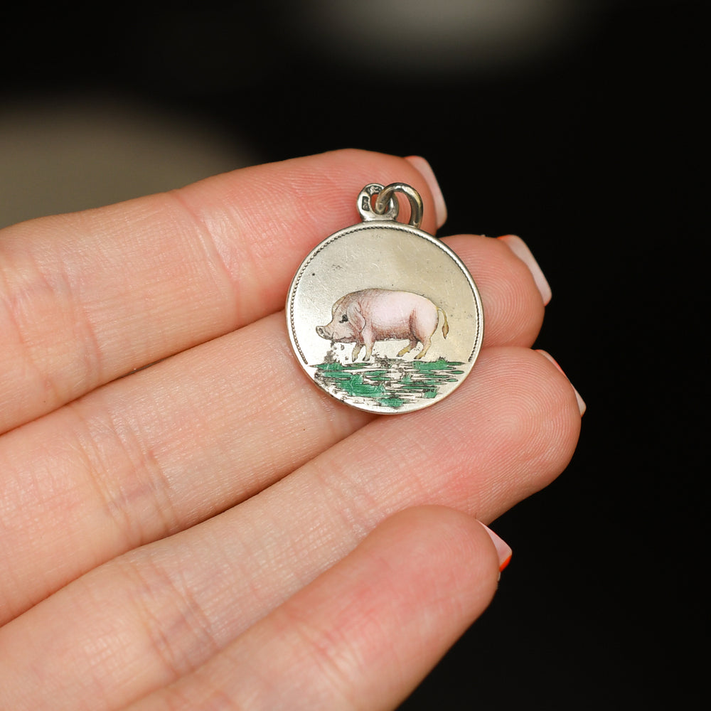 Antique French Enamel Lucky Pig Charm