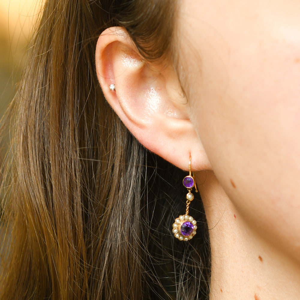 Edwardian Amethyst & Pearl Cluster Drop Earrings