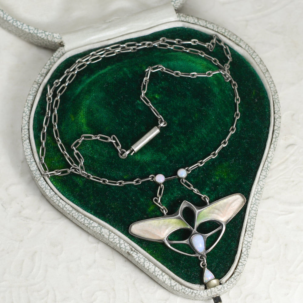 French Art Nouveau Opal & Enamel Silver Necklace