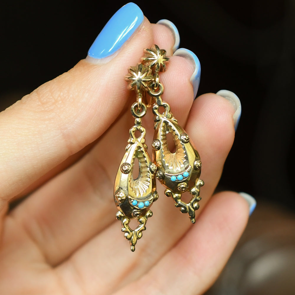 Etruscan Revival Turquoise Drop Earrings