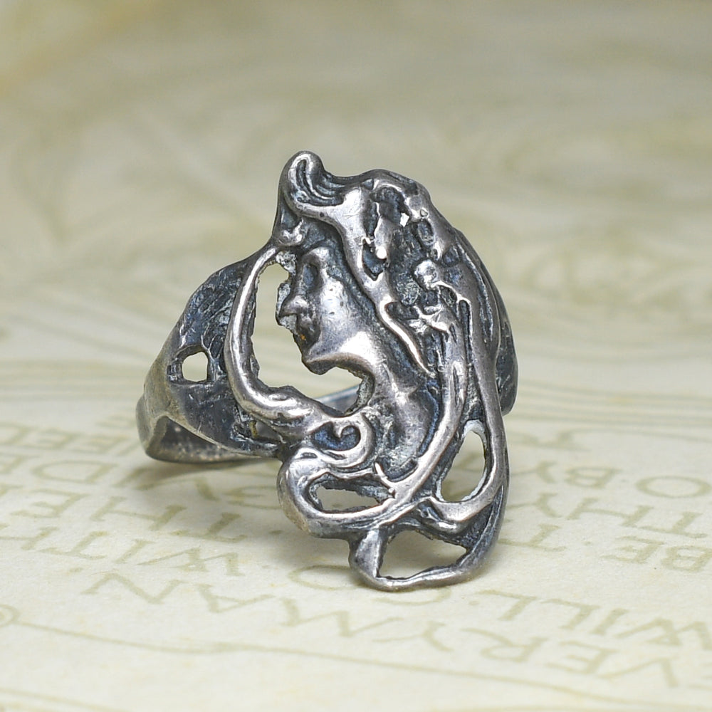 Art Nouveau Sterling Silver Maidens Head Ring
