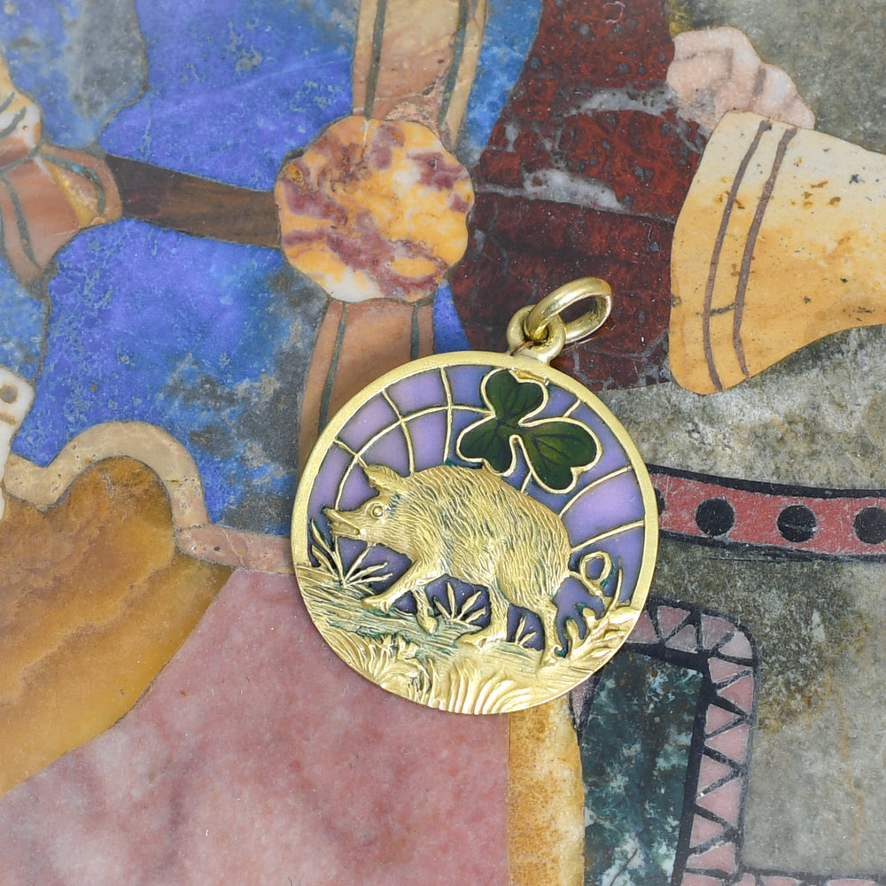 Antique Plique-à-Jour Enamel Lucky Pig Charm