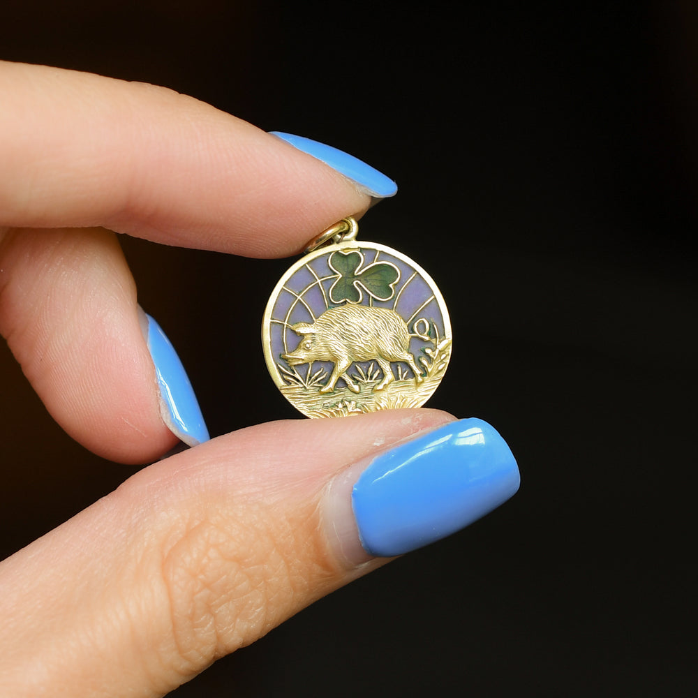 Antique Plique-à-Jour Enamel Lucky Pig Charm