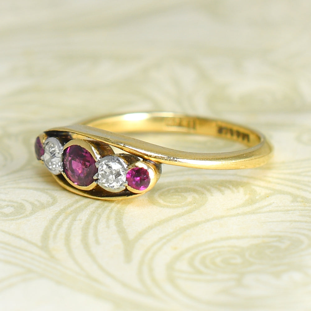 Art Nouveau Ruby & Diamond 5-Stone Crossover Ring