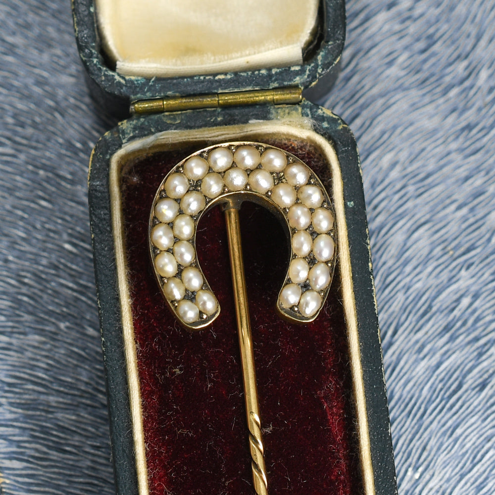 Victorian Boxed Pearl Lucky Horseshoe Stick Pin