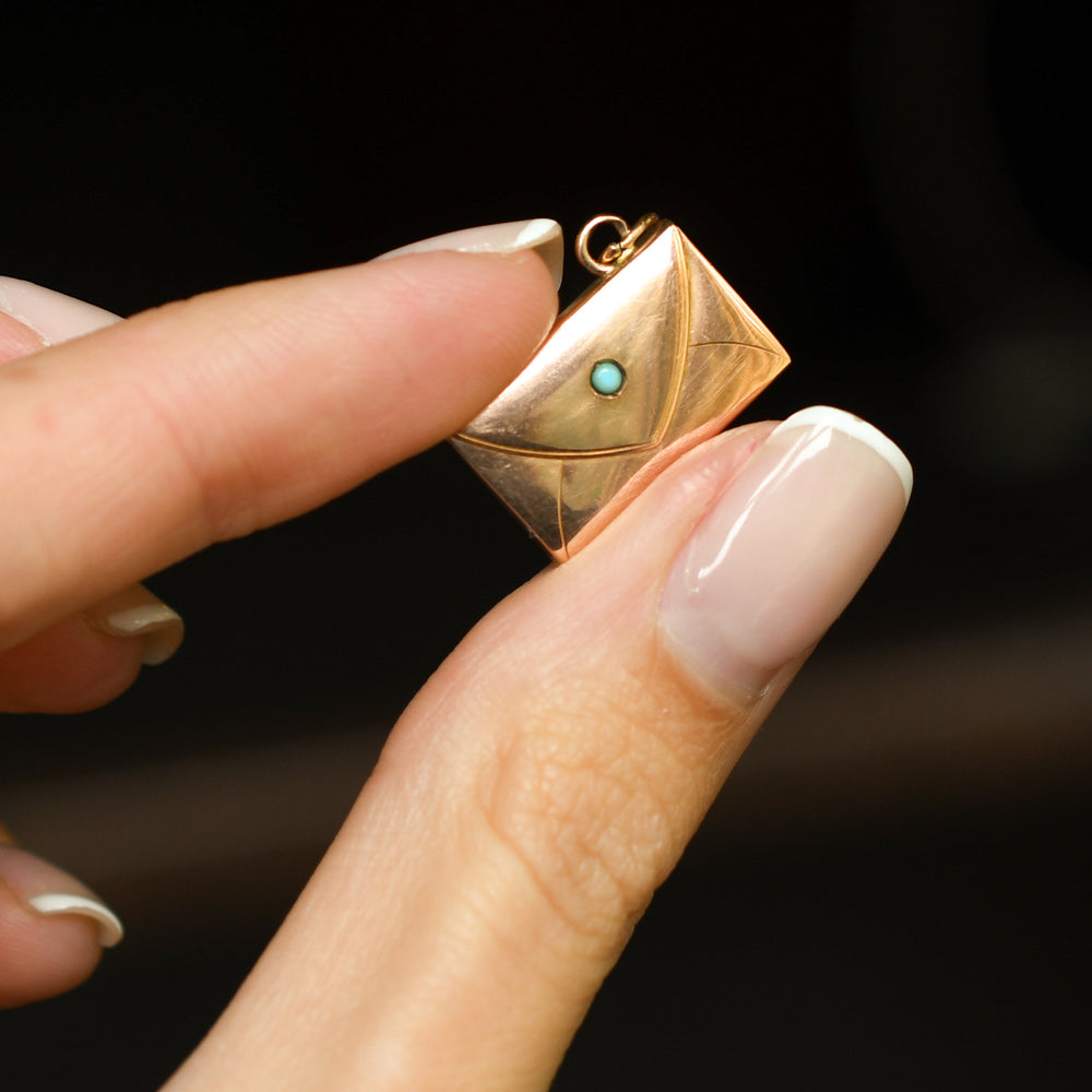 Edwardian 15k Gold Turquoise Envelope Charm