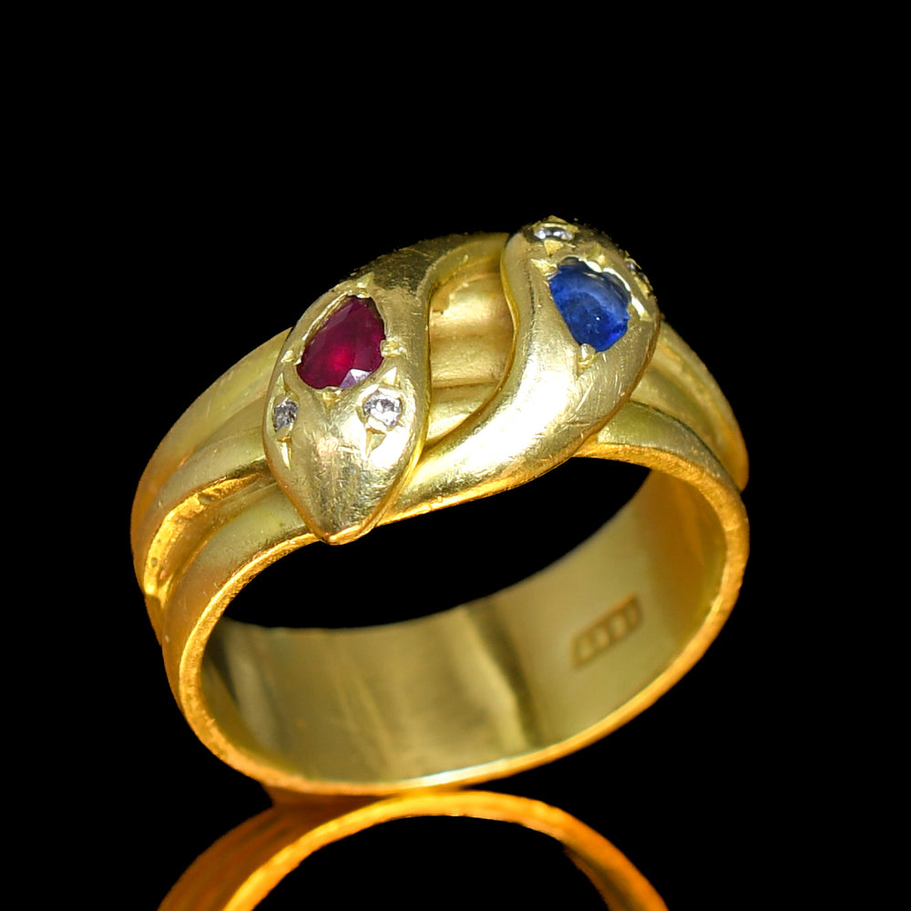 Victorian Burma Sapphire, Ruby & Diamond Double Snake Ring