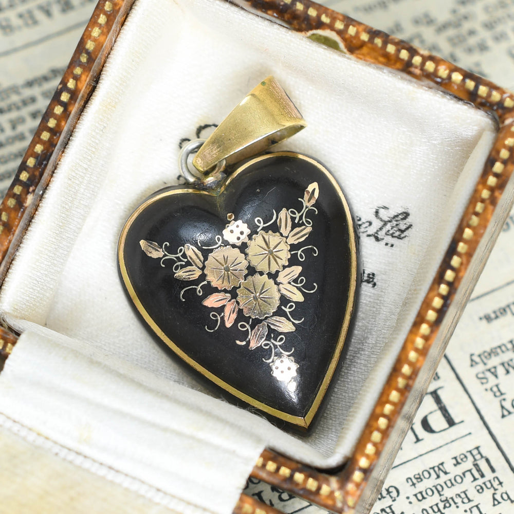 Mid-Victorian Floral Pique Heart Pendant