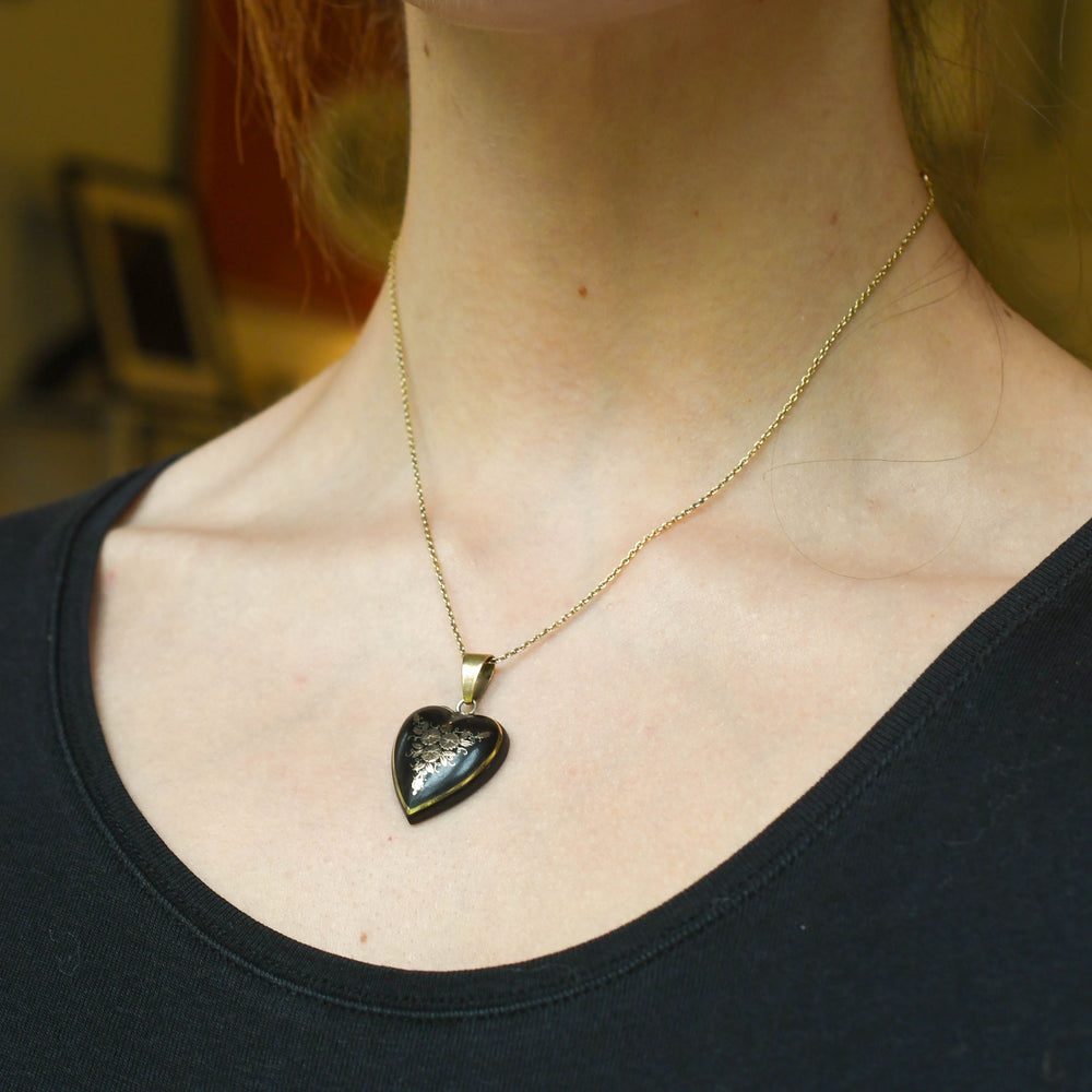 Mid-Victorian Floral Pique Heart Pendant