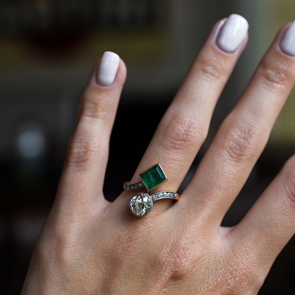 Edwardian Diamond & Colombian Emerald Engagement Ring